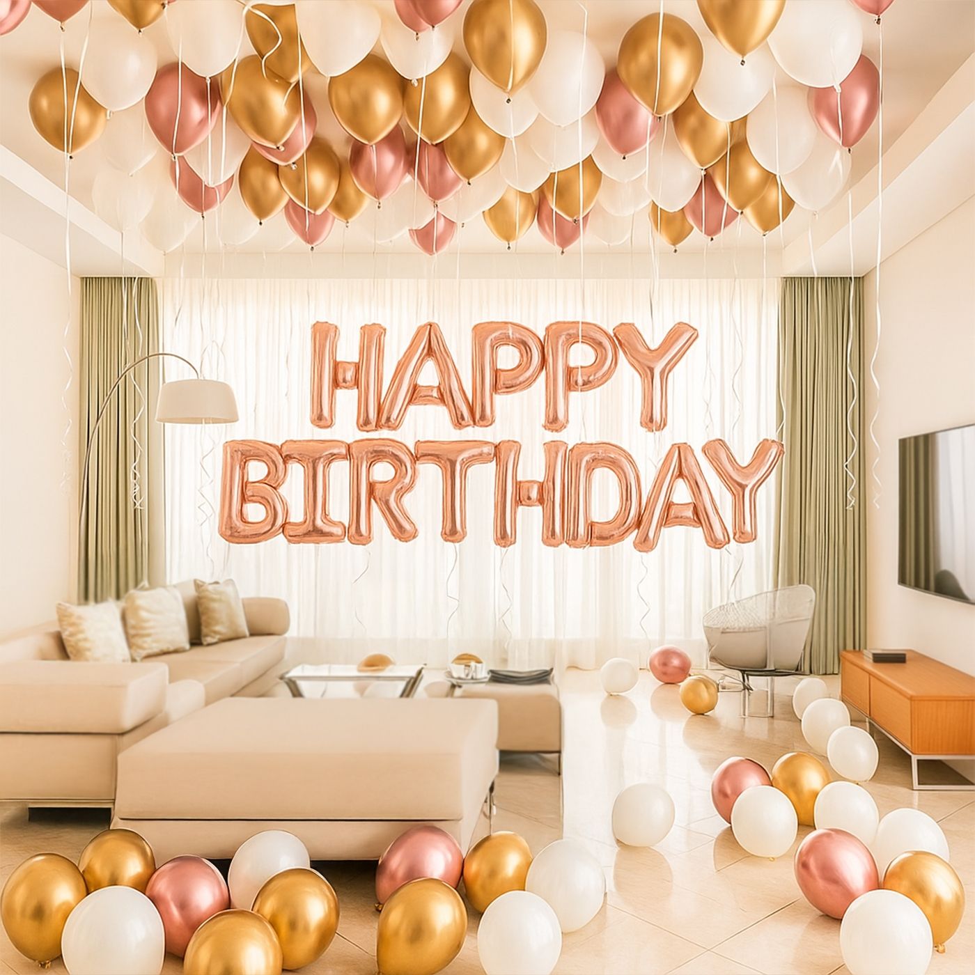 DIY birthday decoration at home with fairy lights and balloons