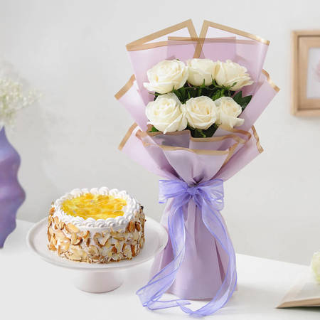 White Roses & Pineapple Cake Combo-image-0