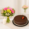 Chocolate Cake with Bunch of Mixed Flowers