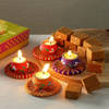 Earthen Diya with Gota Work Platters & Chana Badam Barfi