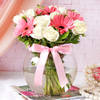 Gift White Roses & Pink Gerberas In Round Vase