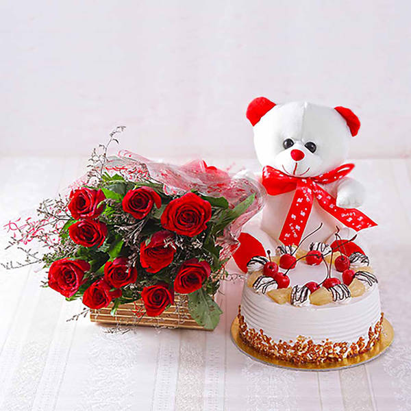 12 RED ROSES GATEAUX CAKE AND TEDDY