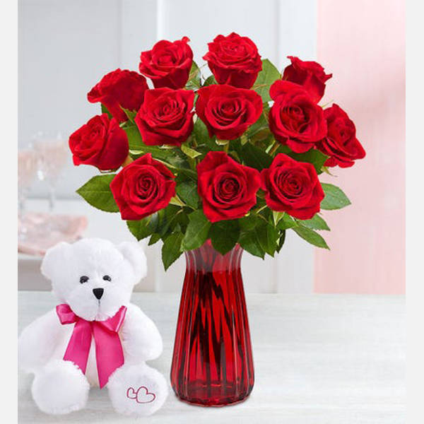 12 Red Roses With Teddy Bear