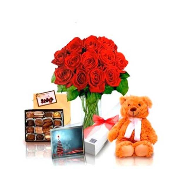 12 Red Roses with Teddy & Chocolates