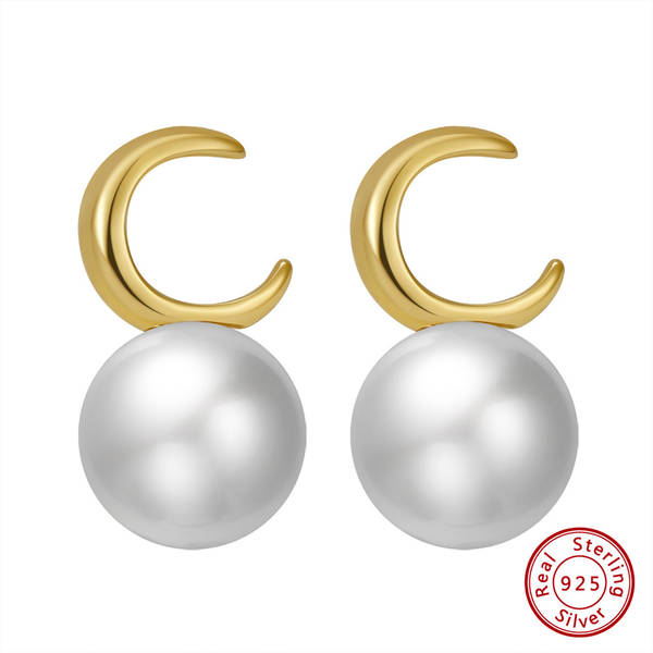 14K Gold Golden Crescent And Pearl Earrings
