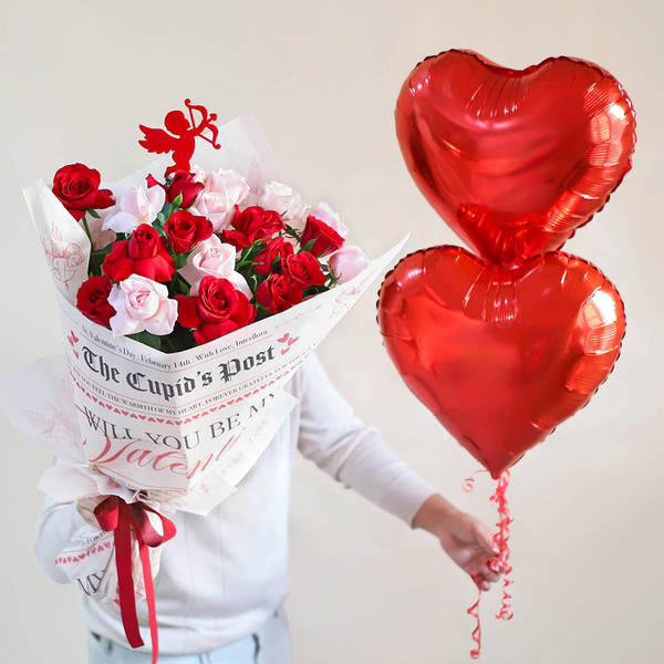 22 Roses And Cupid Bouquet Gift For Valentine's Day