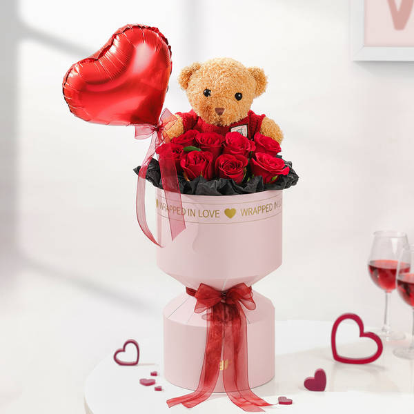 8 Red Roses Valentine's Day Bouquet With Teddy