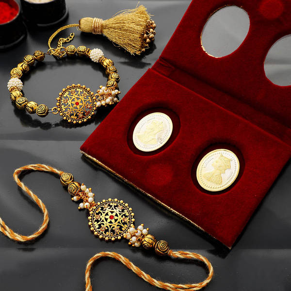 Antique Bhaiya Bhabhi Rakhi With 999 Silver Coins