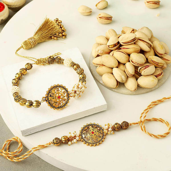 Antique Bhaiya Bhabhi Rakhi With Pista