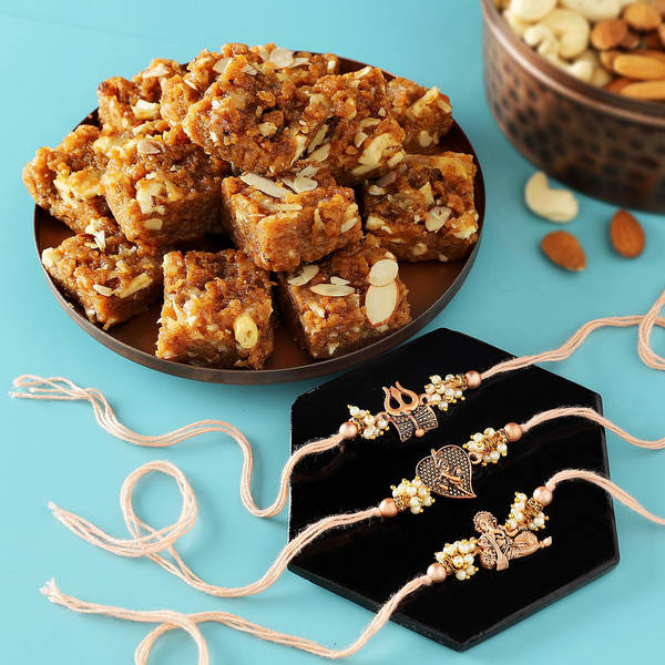 Antique Divinity Pearl Rakhis With Doda Barfi