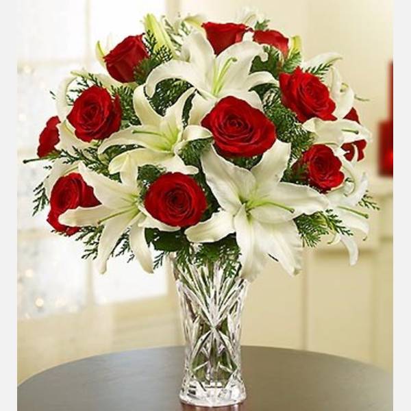 Arrangement of Red Roses and White Liliums in Vase