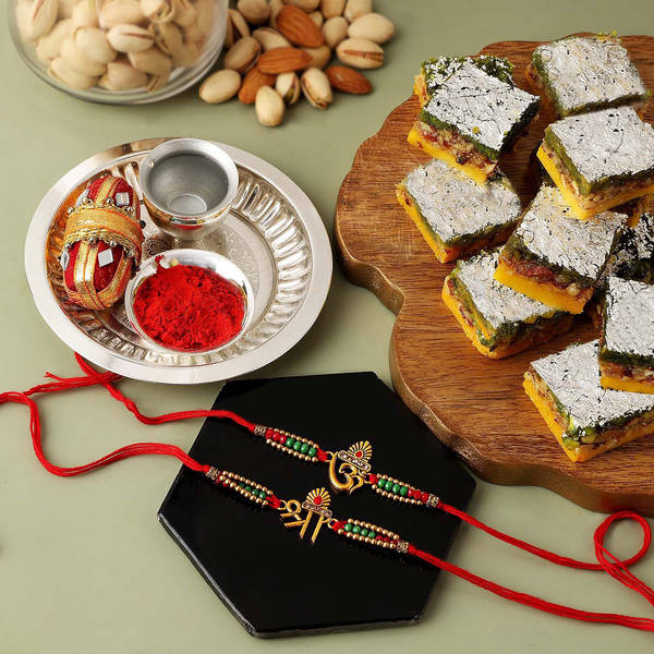 Auspicious Beads Rakhis With Tricolour Barfi And Pooja Thali