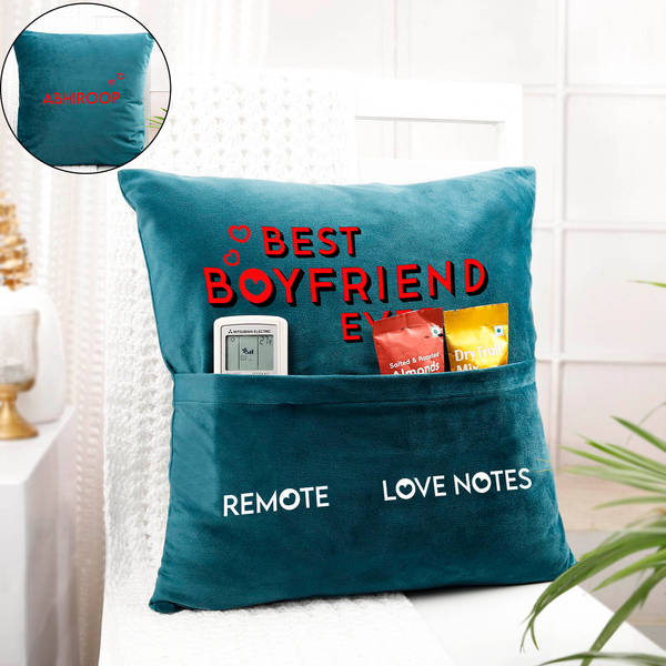 Best Boyfriend Ever - Personalized Velvet Pocket Cushion - Blue