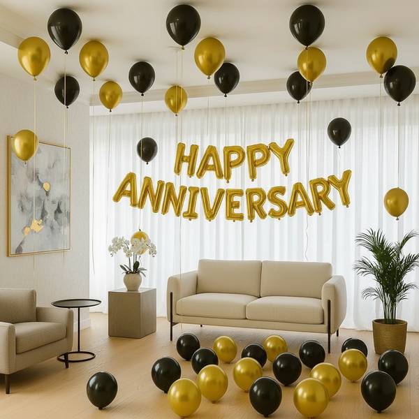 Black And Gold Anniversary Balloon Decoration