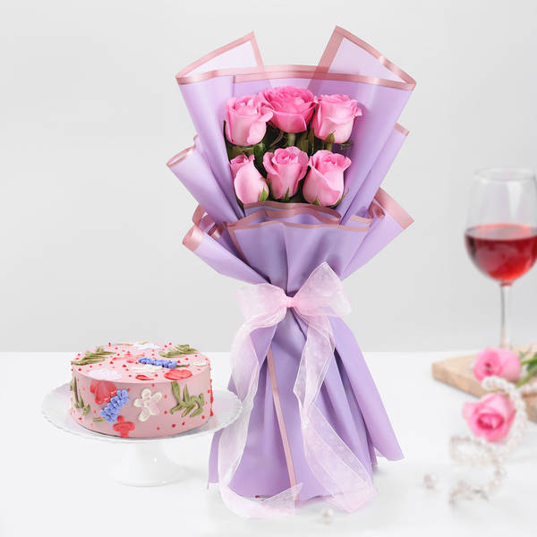 Blissful Bouquet And Delightful Cake Combo