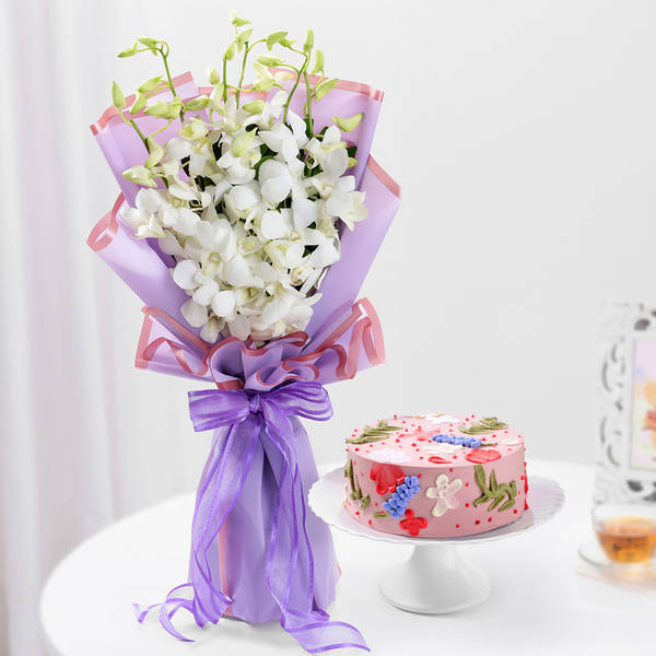 Blissful Orchids And Delightful Cake Combo