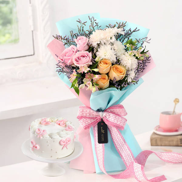 Blush Blooms And Bow Cake Combo