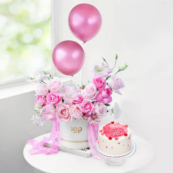 Blushing Pink Balloons Roses And Cupids Delight Mini Cream Cake Combo