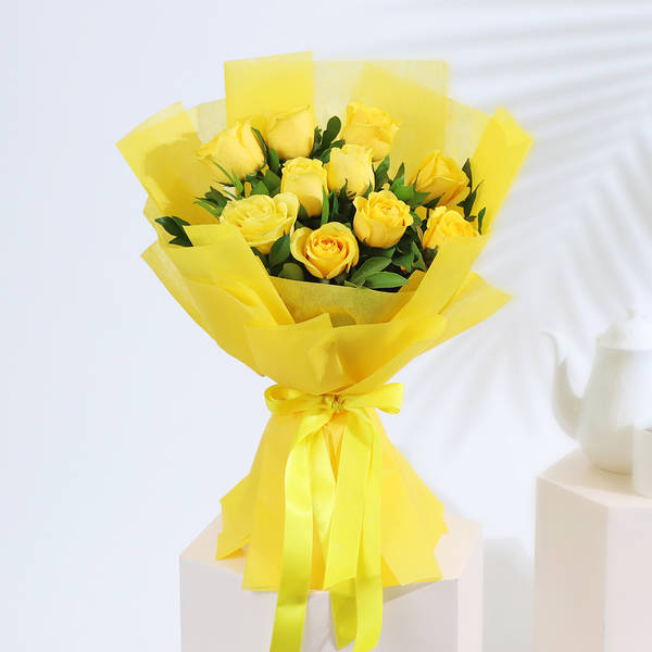 Bouquet of 10 Yellow Roses in Tissue Wrapping