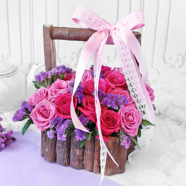 Bouquet of Assorted Roses in Wooden Basket