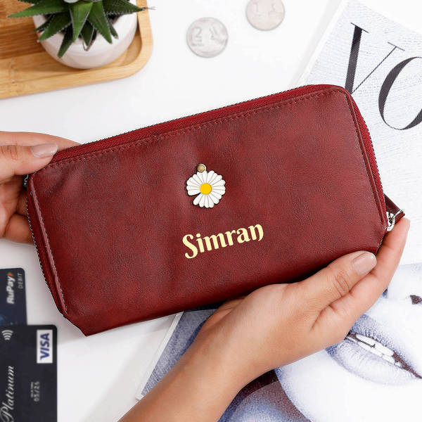 Cherry Red Personalized Daisy Charm Wallet For Women