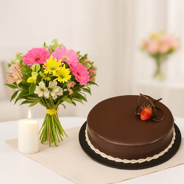 Chocolate Cake with Bunch of Mixed Flowers