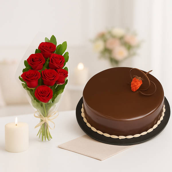 Chocolate Cake with Dozen Red Roses