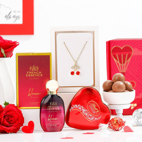 Chocolates, Fragrance, and Cherry pendant Valentine's Day Hamper