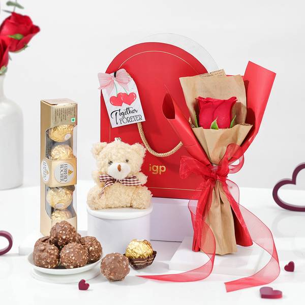 Chocolates, Teddy, And Rose Gift Hamper for Valentine's Day