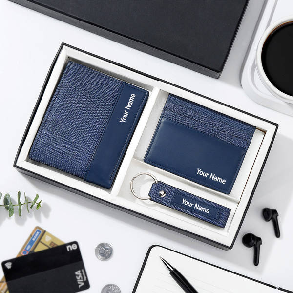 Classic Genuine Leather Personalized Blue Wallet Set