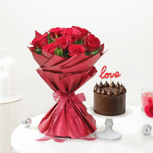 Classic Red Roses & Chocolate Cake Combo