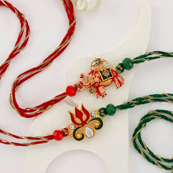 Classic Trishul And Elephant Rakhi With Meenakari Work Set Of 2
