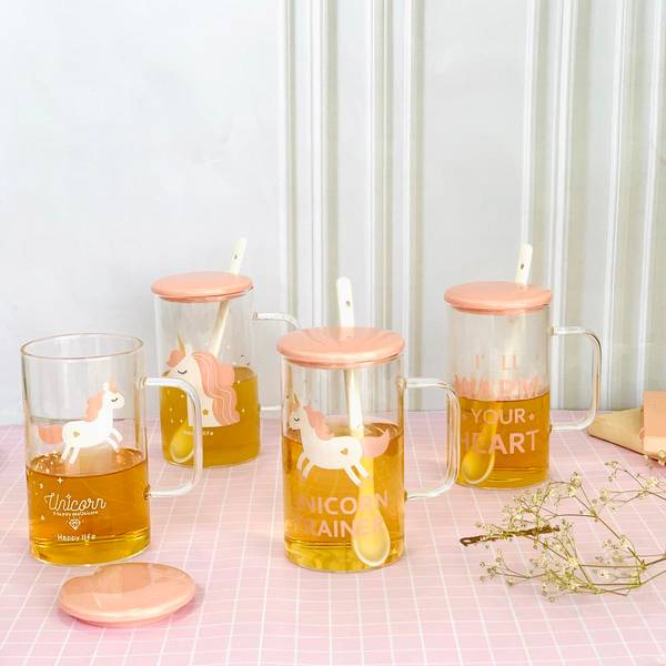 Coffee Mug With Lid And Spoon - Transparent - Unicorn - Pink - Single Piece