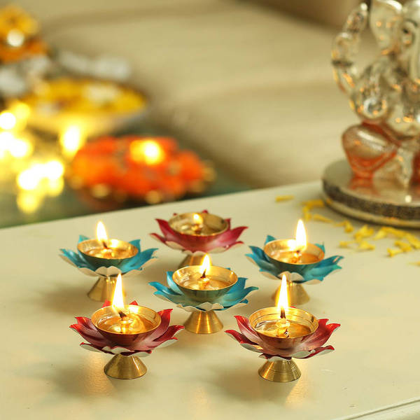 Colorful Flower Shaped Metal Diyas