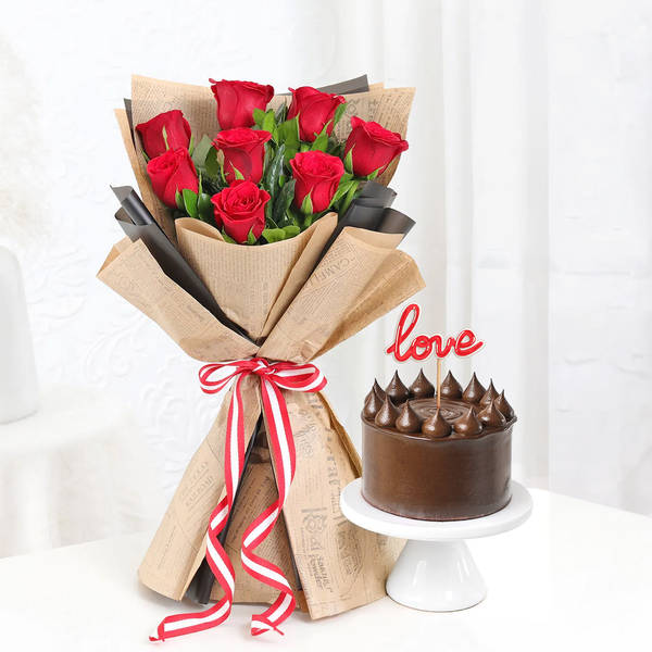 Crimson Rose Bouquet & Chocolate Cake for Valentine's Day