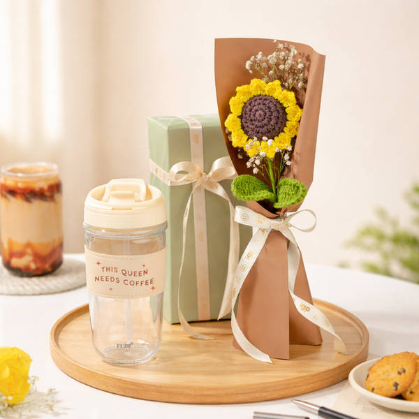 Crochet Sunflower & Glass Sipper Gift Combo For Women's Day