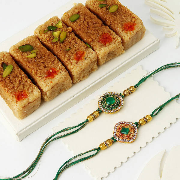 Dazzling CZ Rakhi Set Of 2 With Milk Cake
