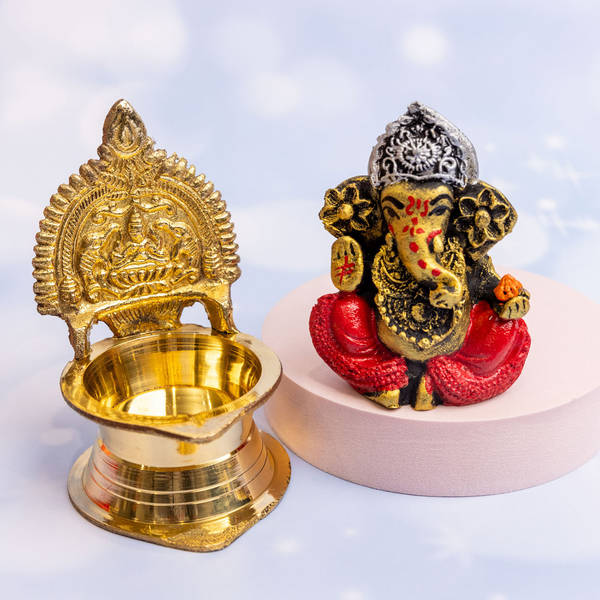 Decorated Ganpati with Brass Laxmi Diya