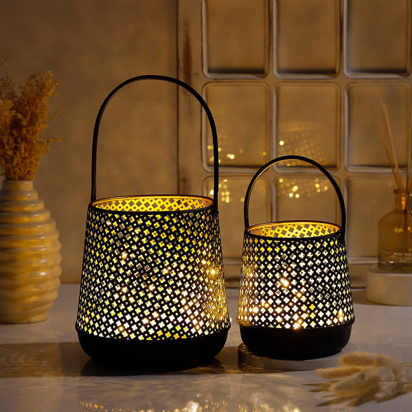Decorative Lantern With LED String Light - Black (Set of 2)
