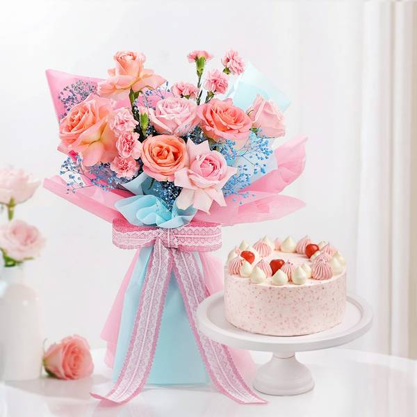 Delightful Strawberry Cake And Roses Gift Combo