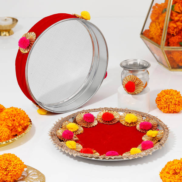 Divine Gota Work Pooja Thali Set For Karwa Chauth
