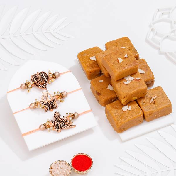 Divine Rakhi Trio And Mithai Gift Combo