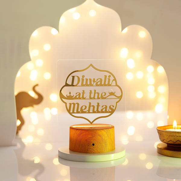 Diwali With Family Personalized LED Lamp With Wooden Base