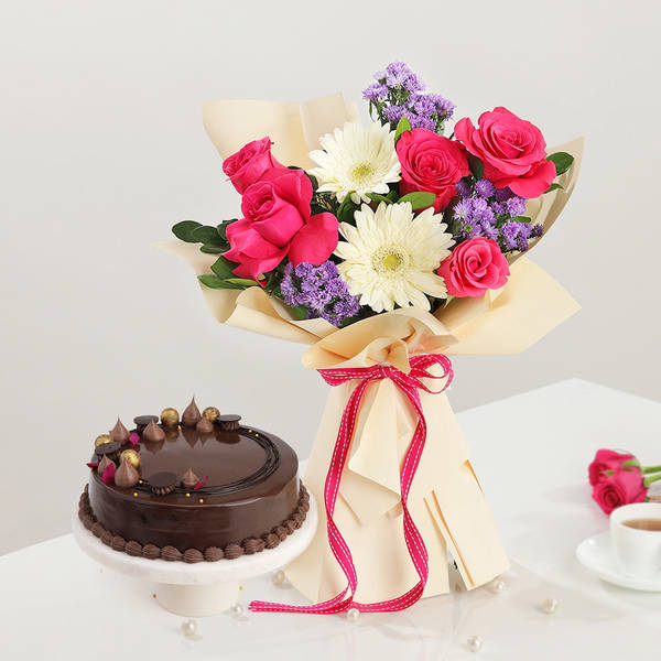 Elegant Blooms And Chocolate Swirl Cake Duo