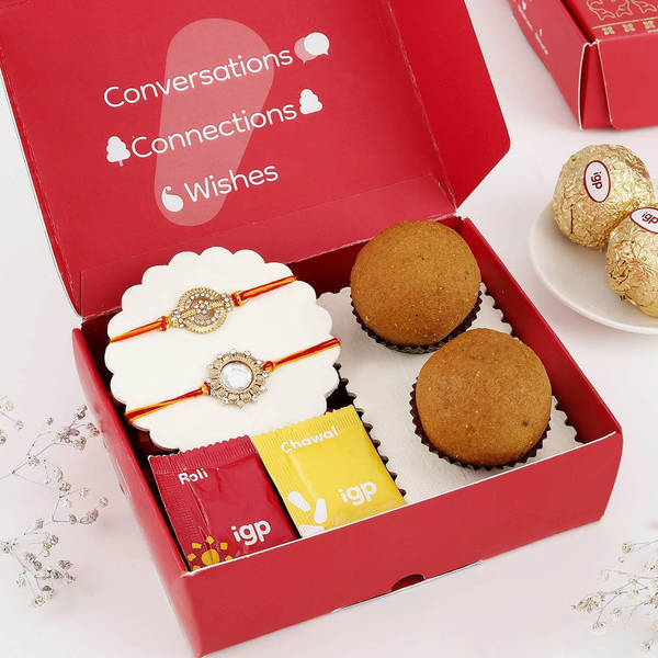 Elegant Kundan Rakhi Set Of 2 With Besan Laddoos