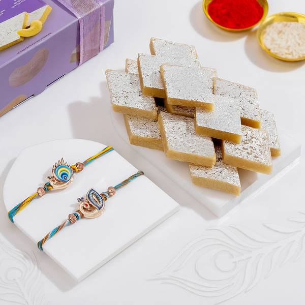 Elegant Peacock Rakhis And Kaju Katli Combo