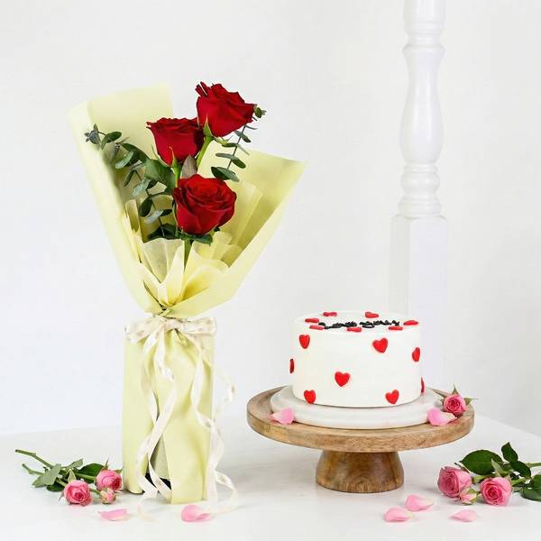 Elegant Red Rose Valentineï¿½s Day Bouquet And Cake