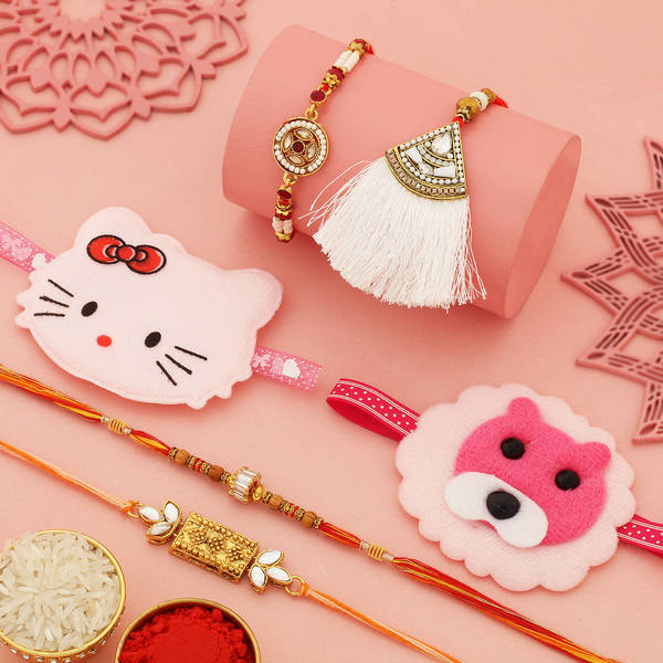 Elegantly Cute Set of 5 Family Rakhi Set