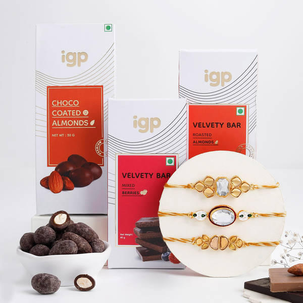 Enchanting Kundan Rakhi Set Of 3 And Chocolates