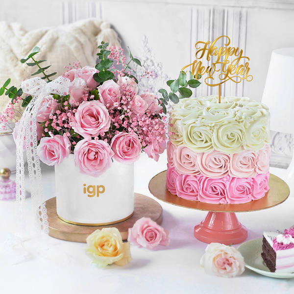Enchanting New Year Pink Bloom And Cake Combo